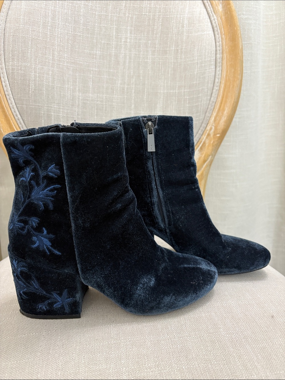 Kenneth Cole Navy Velvet Embroidered Block Heel Ankle Boots